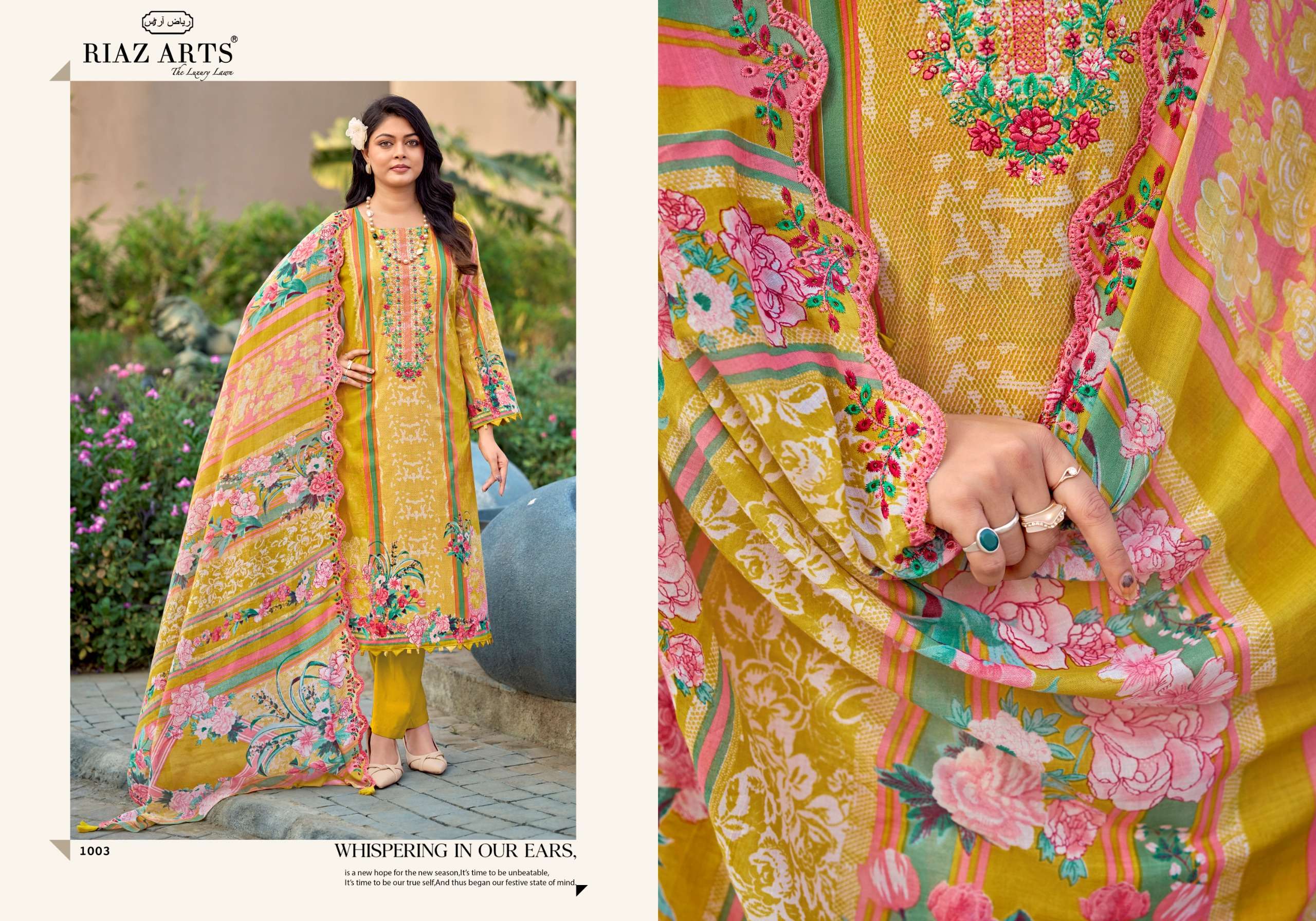 RIAZ ARTS HUMDUM TOP & DUP WORK LAWN COTTON DESIGNER PAKISTANI STYLE SUIT TEXTILE MARKET 